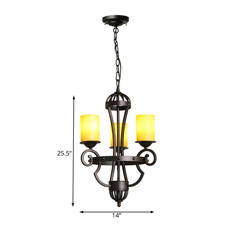 3 Lights Dining Room Chandelier Light Rustic Black Hanging Fixture with Cylinder Yellow Glass Shade