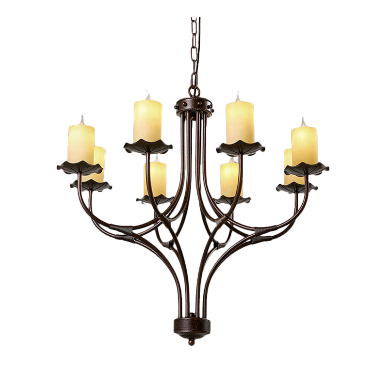 8 Lights Yellow Glass Hanging Chandelier Country Bronze Candle Shaped Living Room Pendant Light Fixture