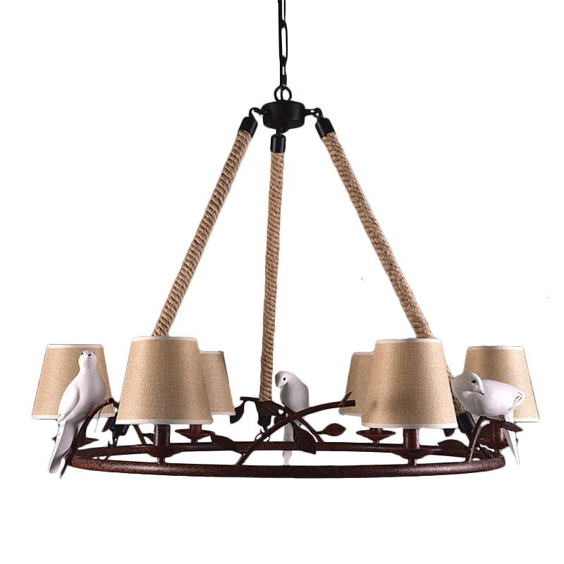 Wheel Metal Chandelier Lighting Vintage 6 Lights Dining Room Pendant Lighting in Rust with Tapered Fabric Shade