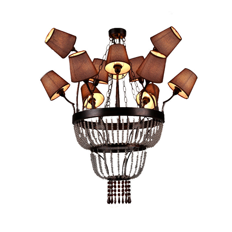 Brown 12 Lights Chandelier Lamp Country Crystal Circular Pendant Lighting for Dining Room with Fabric Shade