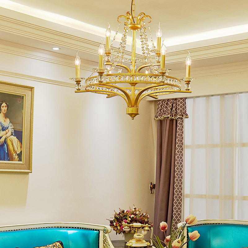 9 Lights Candle Chandelier Lighting Rustic Gold Metal Pendant Lamp for Dining Room with Crystal Beaded Strands