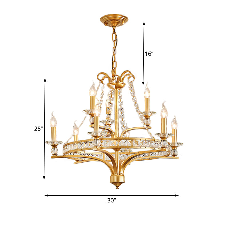 9 Lights Candle Chandelier Lighting Rustic Gold Metal Pendant Lamp for Dining Room with Crystal Beaded Strands