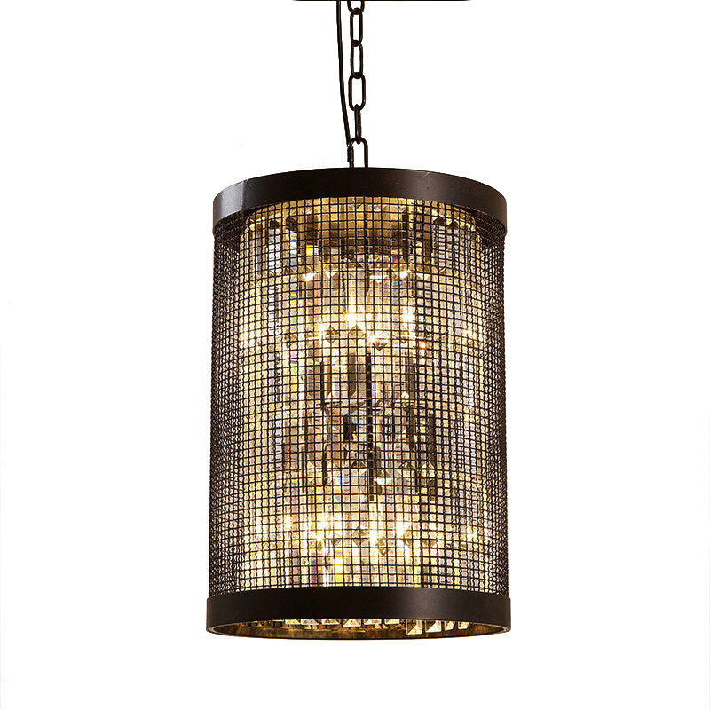 6 Lights Cylinder Chandelier Light Country Black Metal Hanging Ceiling Fixture for Dining Room with Clear Crystal Block