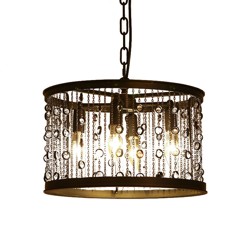 Metal Black Pendant Lamp Drum 4 Lights Rustic Chandelier Light Fixture for Dining Room with Crystal Beaded Strands