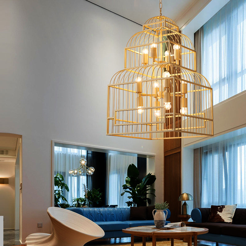 12 Leuchten Metall Kronleuchter Beleuchtung rustikaler Schwarz/Holz Exponierte Lampen -Lampen Wohnzimmer Hanging Deckenleuchte mit Käfig