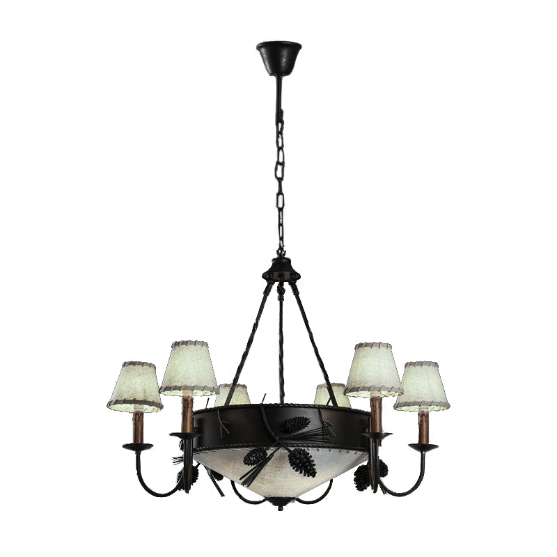 9 Lights Ceiling Light Country Domed Frosted Glass Hanging Chandelier in Black for Dining Room with Fabric Shade