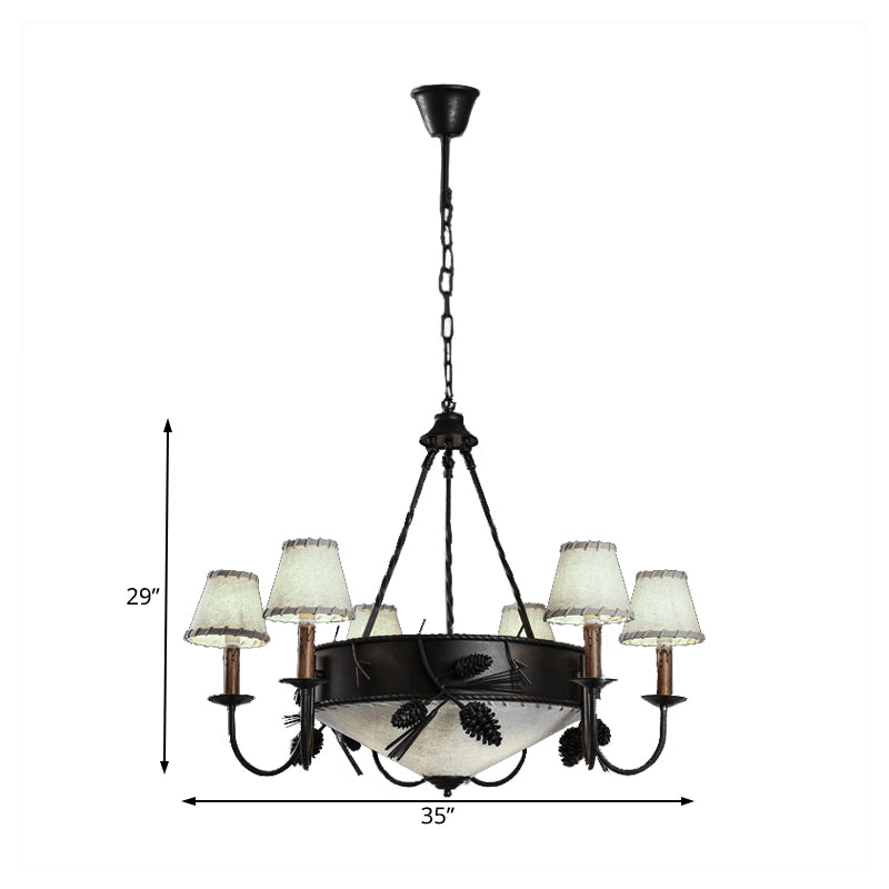 9 Lights Ceiling Light Country Domed Frosted Glass Hanging Chandelier in Black for Dining Room with Fabric Shade