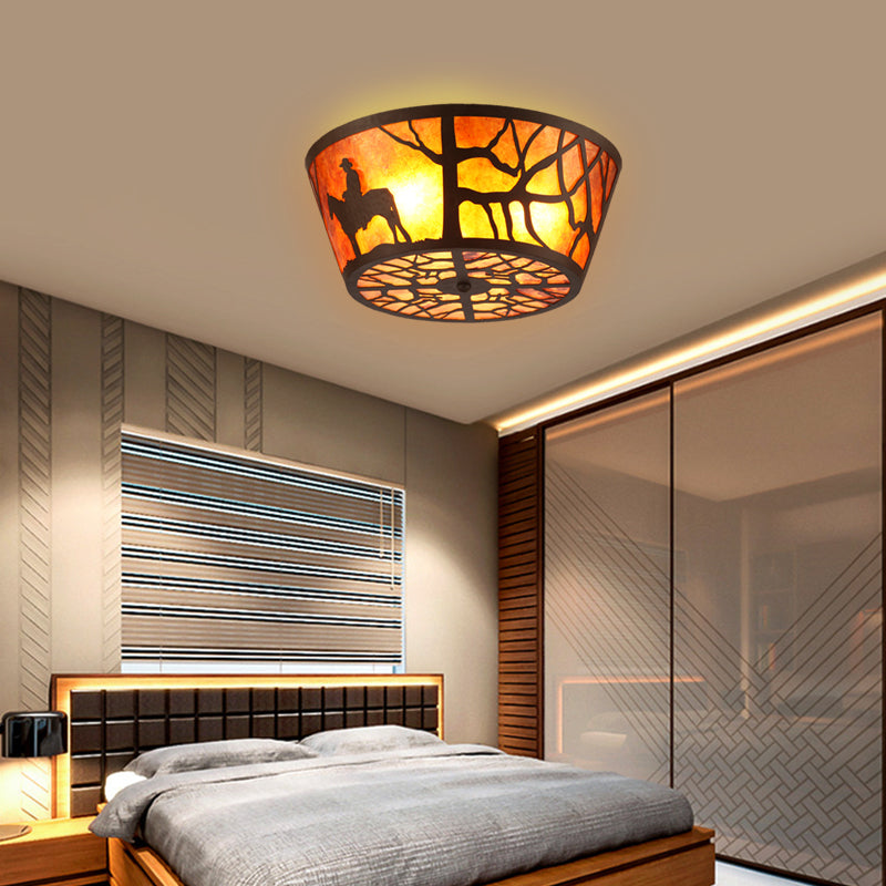 3 Lights Flushmount Lighting Country Round Marble Flush Ceiling Light in Brown with Bear/Horse Pattern