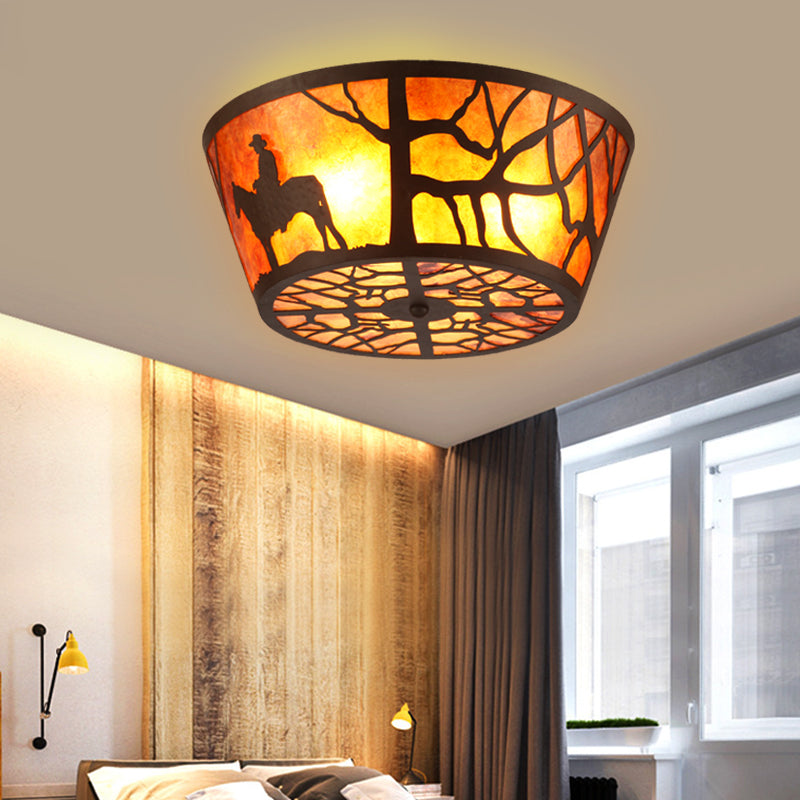 3 Lights Flushmount Lighting Country Round Marble Flush Ceiling Light in Brown with Bear/Horse Pattern