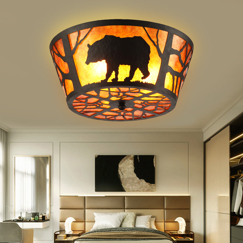 3 Lights Flushmount Lighting Country Round Marble Flush Ceiling Light in Brown with Bear/Horse Pattern