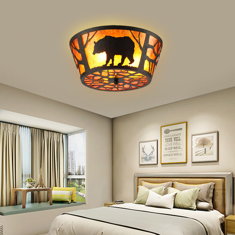 3 Lights Flushmount Lighting Country Round Marble Flush Ceiling Light in Brown with Bear/Horse Pattern