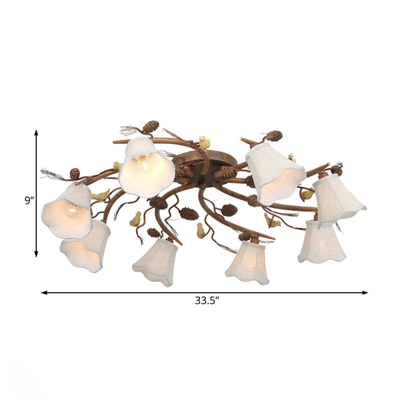 8-Light Semi Flush Mount Country Scalloped White Glass Ceiling Light Fixture in Rust for Living Room