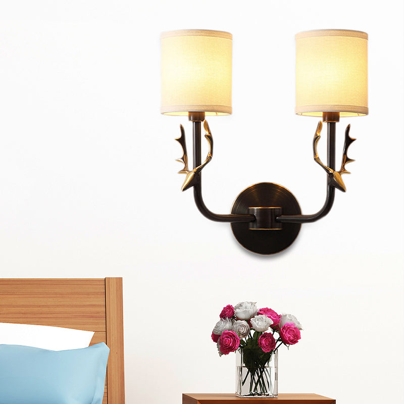 Metal Elk Sconce Lighting Rustic 1/2 Light Living Room Wall Mounted Lamp in Black/Gold with Cylinder Fabric Shade
