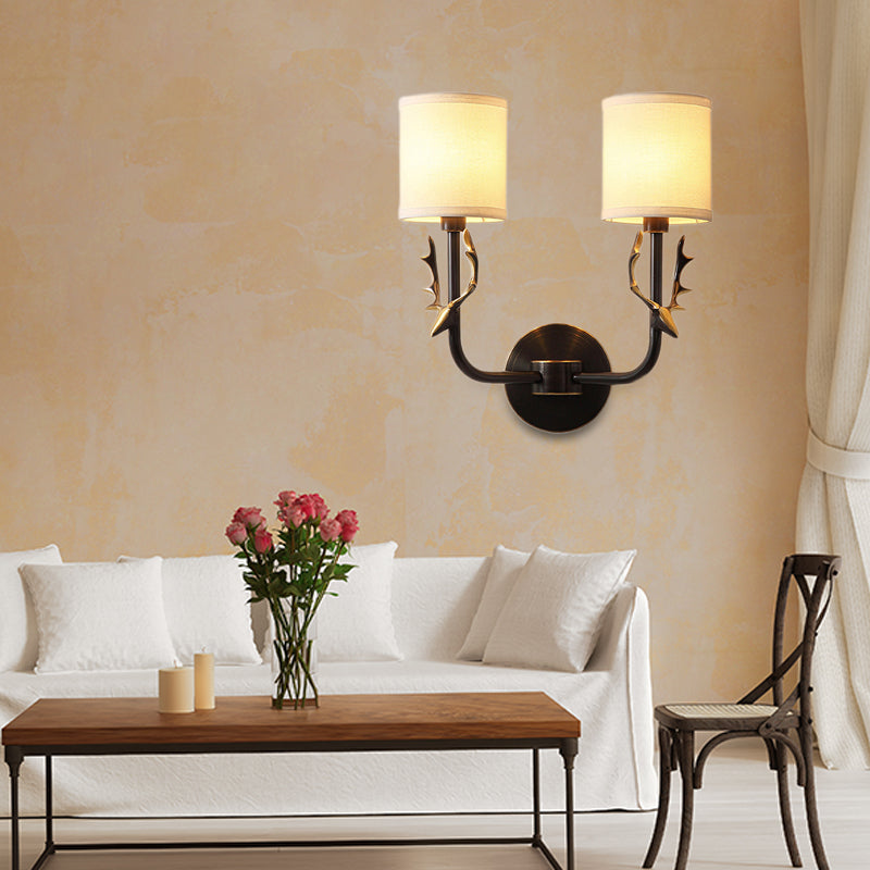Metal Elk Sconce Lighting Rustic 1/2 Light Living Room Wall Mounted Lamp in Black/Gold with Cylinder Fabric Shade