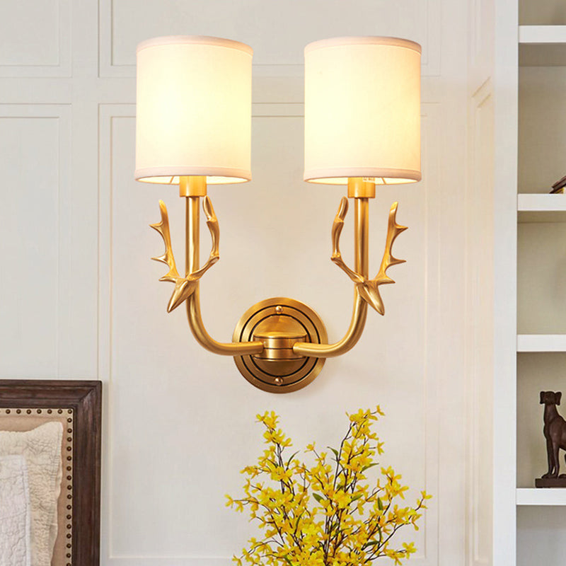 Metal Elk Sconce Lighting Rustic 1/2 Light Living Room Wall Mounted Lamp in Black/Gold with Cylinder Fabric Shade
