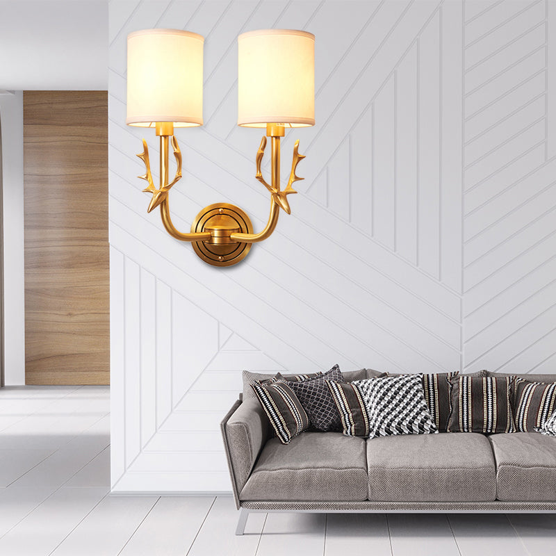 Metal Elk Sconce Lighting Rustic 1/2 Light Living Room Wall Mounted Lamp in Black/Gold with Cylinder Fabric Shade