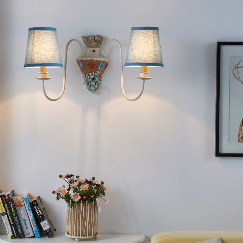 2-Bulb Metal Wall Lighting Country Blue Curved Arm Indoor Sconce Light Fixture with Tapered Fabric Shade