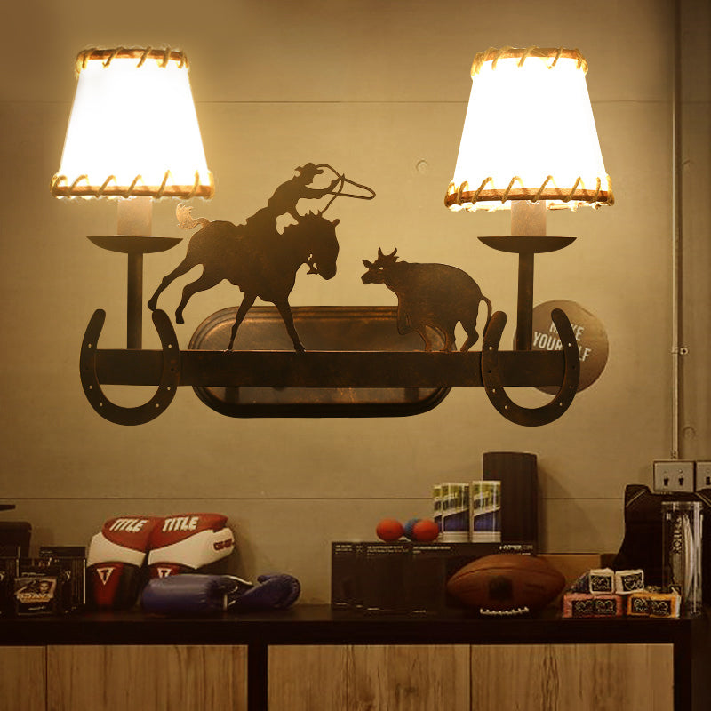 2-Bulb Conical Sconce Lamp Country Rust Metal Wall Mounted Light for Restaurant with Animal Accents