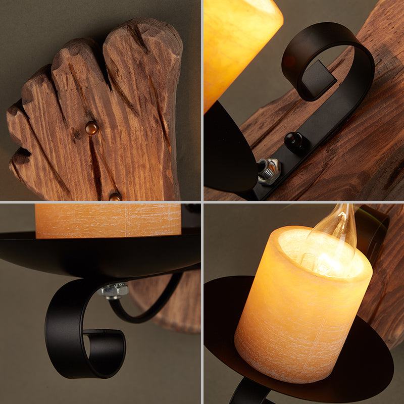 1 Light Wall Lamp Lighting Country Candle Marble Sconce Light Fixture in Black with Foot Print Wooden Backplate
