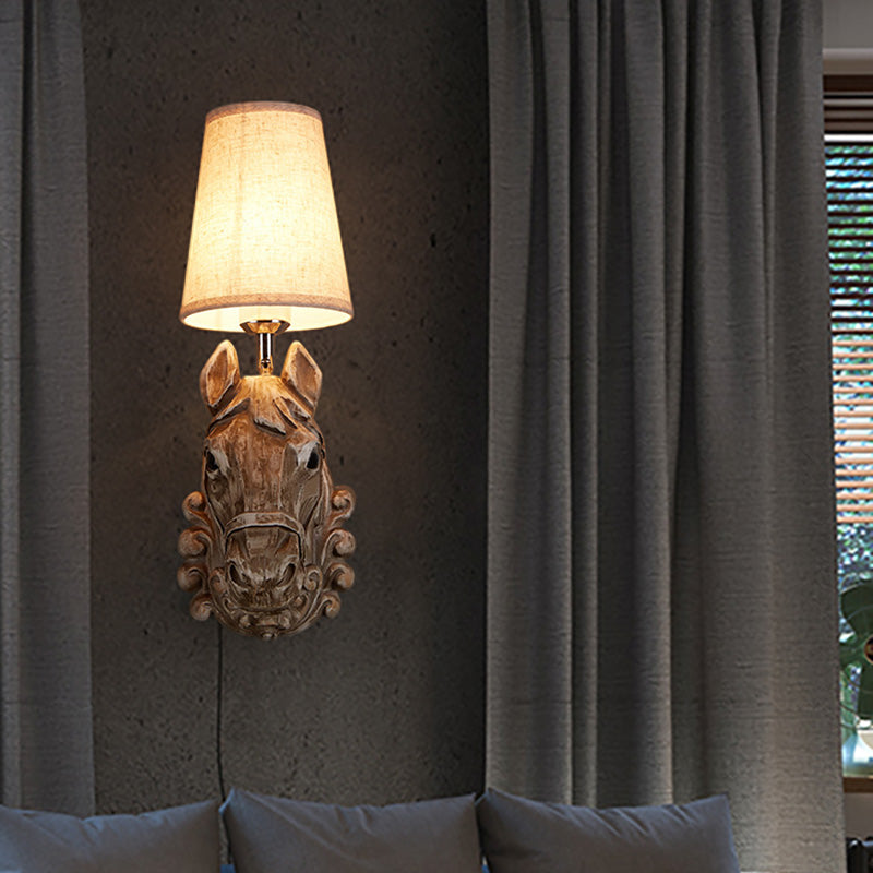 Country Horse Sconce Lamp 1 Bulb Resin Wall Mounted Light in Brown with Tapered Fabric Shade
