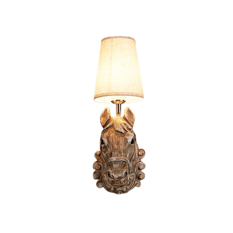 Country Horse Sconce Lamp 1 Bulb Resin Wall Mounted Light in Brown with Tapered Fabric Shade
