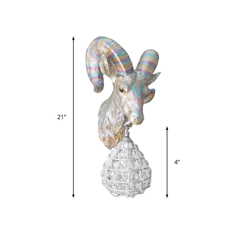1 Light Resin Wall Lamp Rustic Silver Goat Indoor Sconce Light Fixture with Orb Crystal Shade