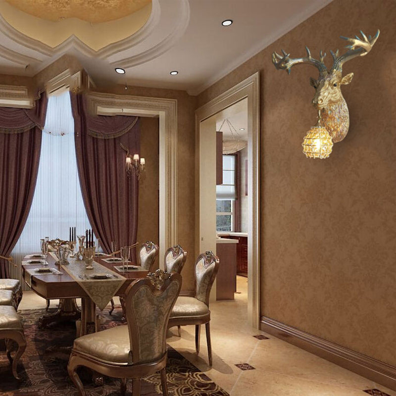 1 Bulb Deer Sconce Lamp Rustic Gold Resin Wall Mounted Light for Dining Room with Orb Crystal Glass Shade