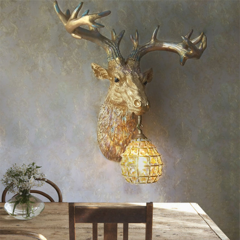1 Bulb Deer Sconce Lamp Rustic Gold Resin Wall Mounted Light for Dining Room with Orb Crystal Glass Shade