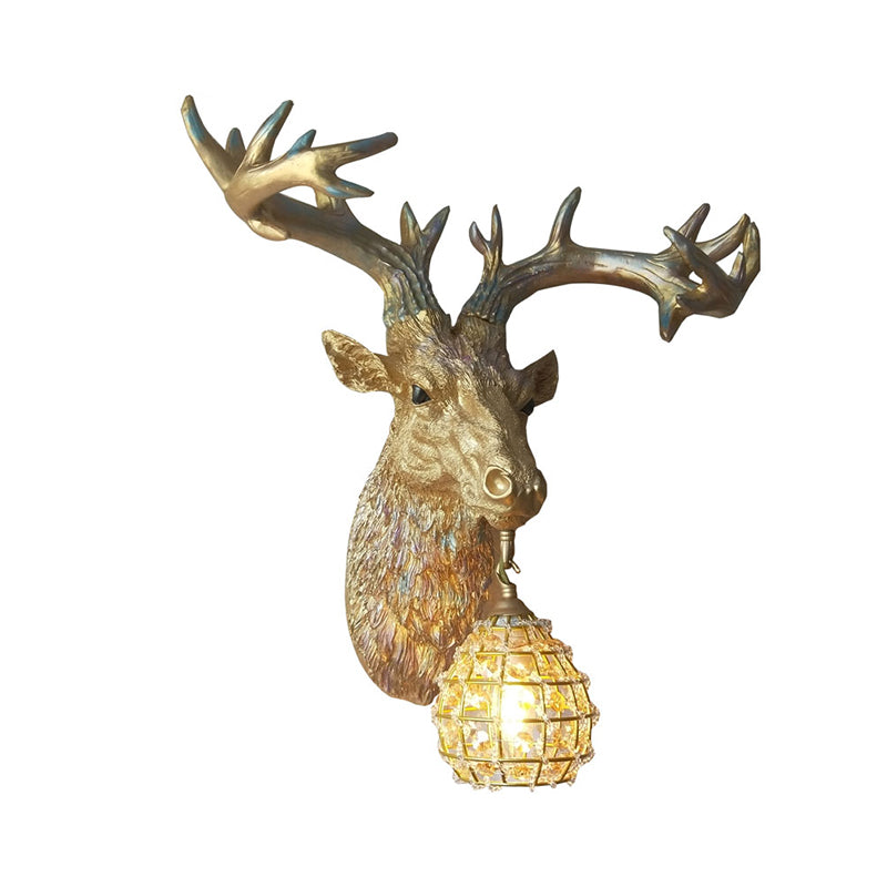 1 Bulb Deer Sconce Lamp Rustic Gold Resin Wall Mounted Light for Dining Room with Orb Crystal Glass Shade