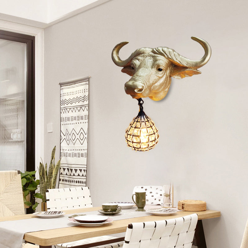 1 Light Wall Lamp Lighting Country Cattle Metal Sconce Light Fixture in Gold with Crystal/Glass Shade