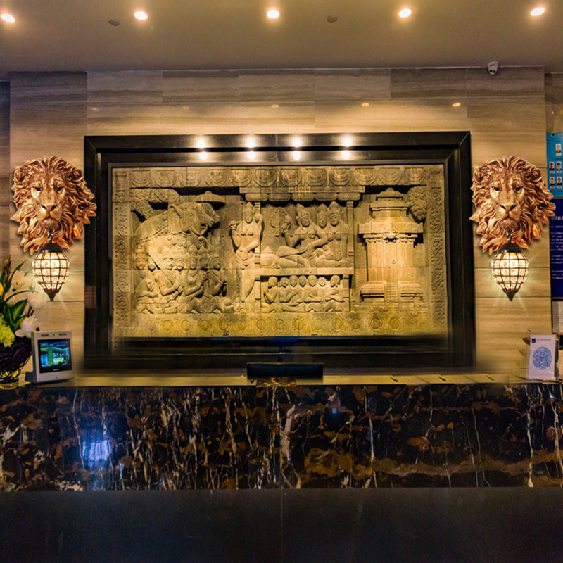 Harz Löwenleuchte Licht rustikal 1 leichte Innenwandlampe in Gold mit schwarzem Tränenschatten