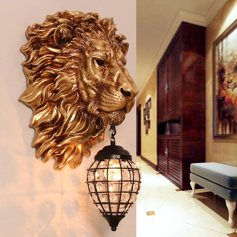 Resin Lion Sconce Lighting Rustic 1 Light Indoor Wall Mounted Lamp in Gold with Black Teardrop Shade