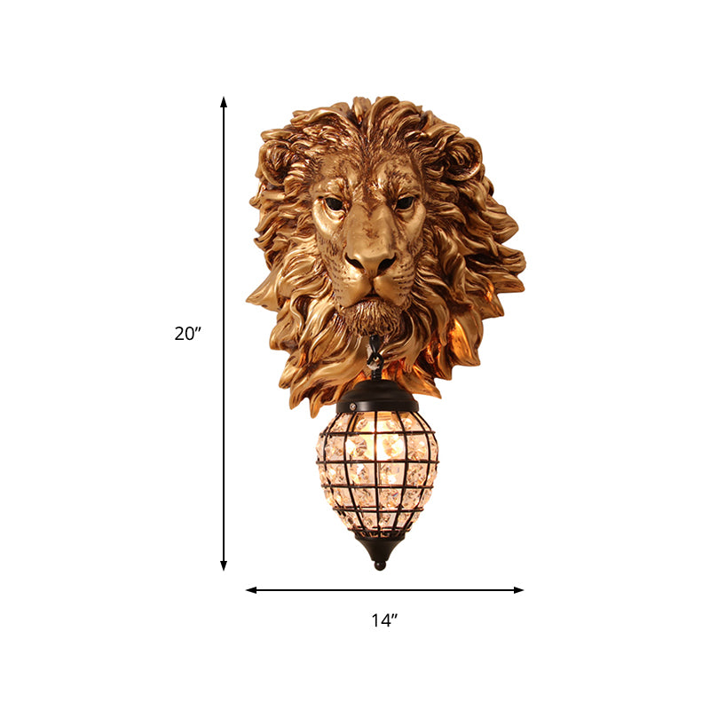 Resin Lion Sconce Lighting Rustic 1 Light Indoor Wall Mounted Lamp in Gold with Black Teardrop Shade