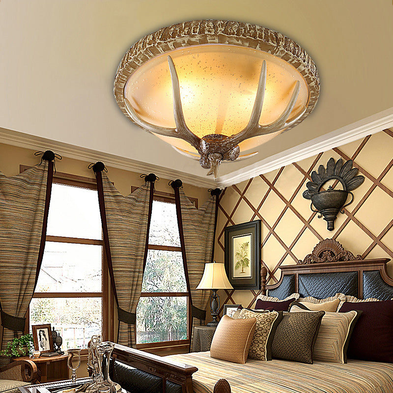 1 Light Domed Flush Light Fixture Country Brown Resin Ceiling Mount for Bedroom with Elk Pattern