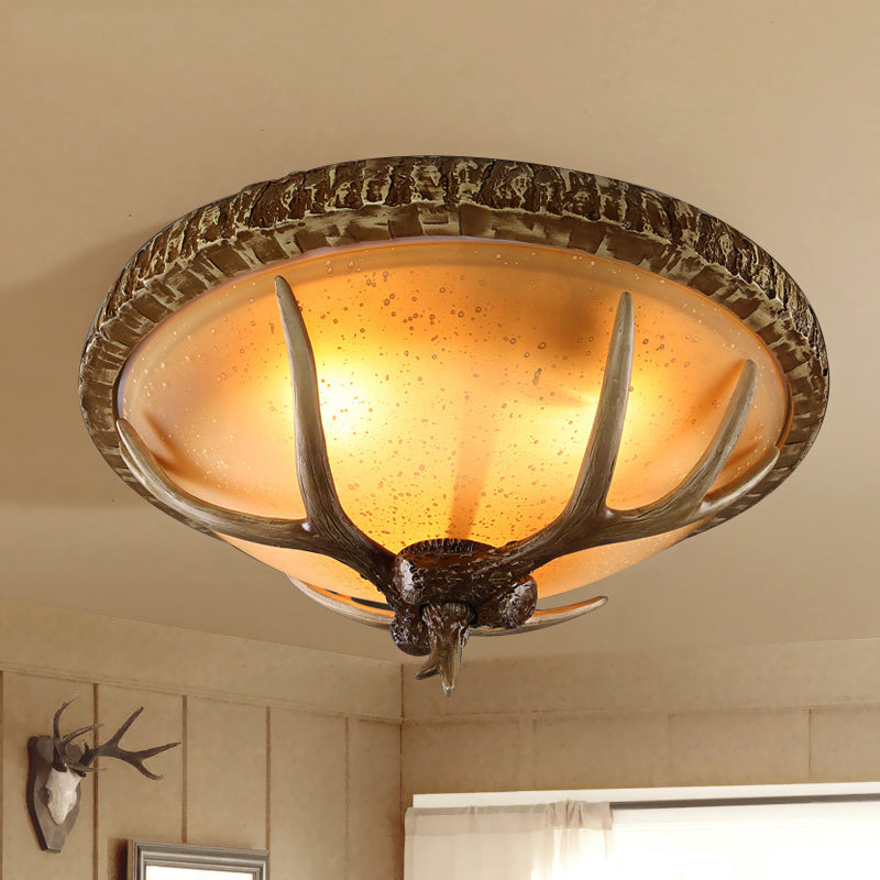 1 Light Domed Flush Light Fixture Country Brown Resin Ceiling Mount for Bedroom with Elk Pattern