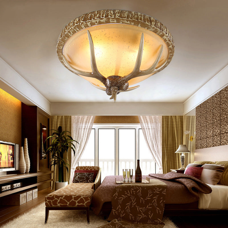 1 Light Domed Flush Light Fixture Country Brown Resin Ceiling Mount for Bedroom with Elk Pattern