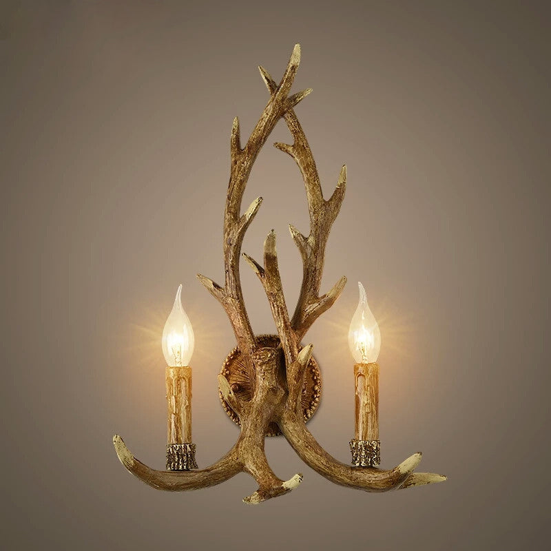 Resin Wood Sconce Lamp Open Bulb 1-Light Traditional Wall Mounted Lighting for Indoor with Antler Backplate