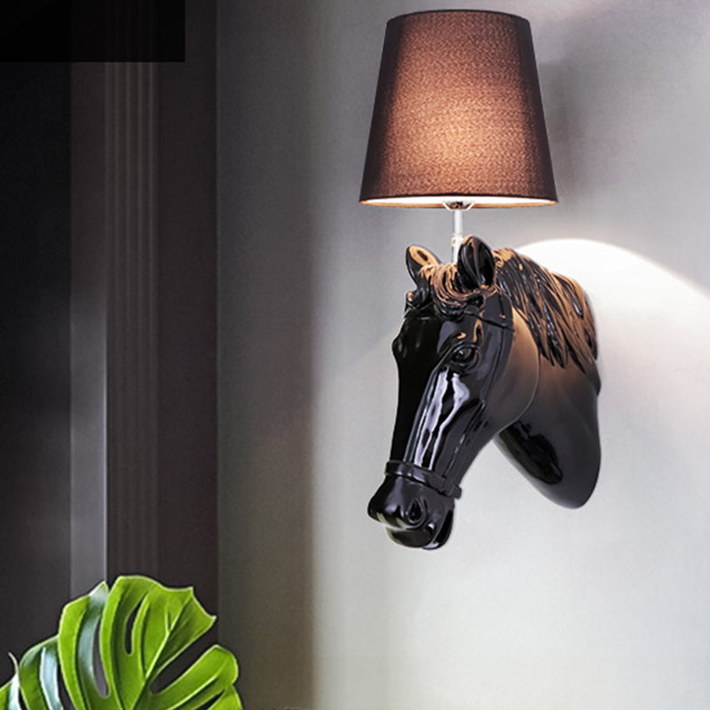 1 Bulb Horse Sconce Lamp Classic Black/White Resin Wall Mounted Light with Cone Fabric Shade
