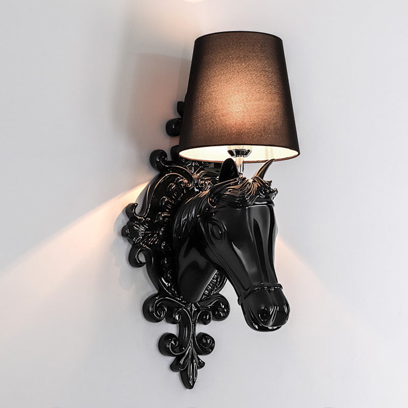 1 Bulb Horse Sconce Lamp Classic Black/White Resin Wall Mounted Light with Cone Fabric Shade