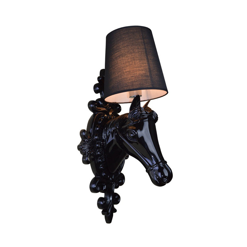1 Bulb Horse Sconce Lamp Classic Black/White Resin Wall Mounted Light with Cone Fabric Shade