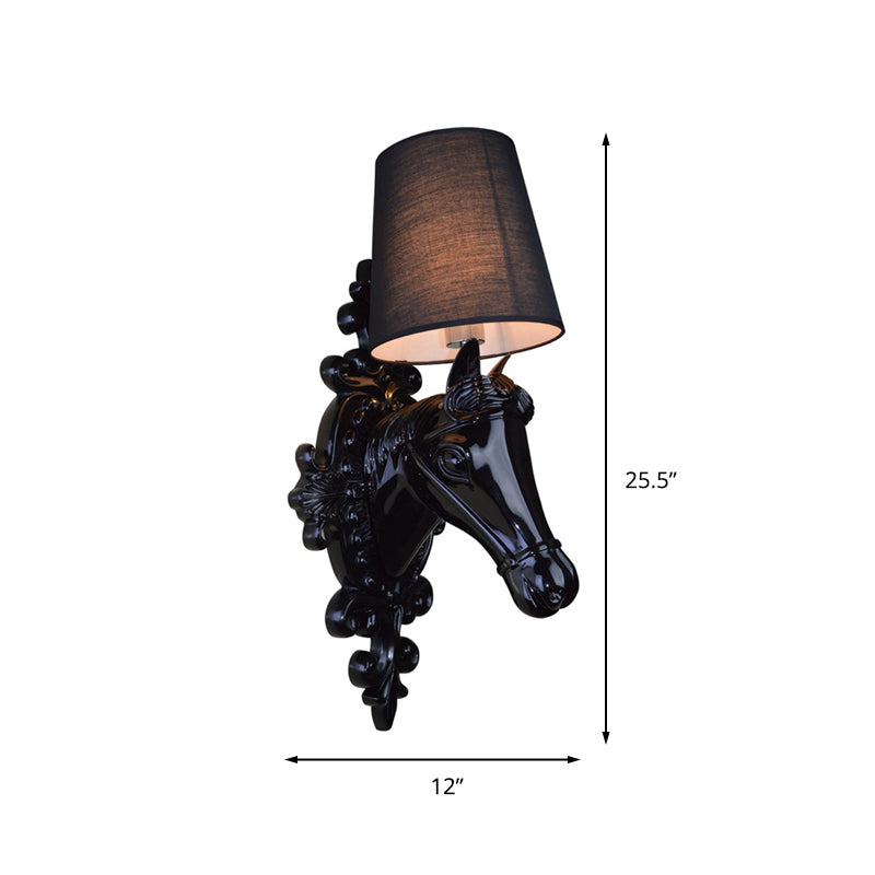 1 Bulb Horse Sconce Lamp Classic Black/White Resin Wall Mounted Light with Cone Fabric Shade