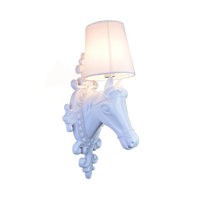1 Bulb Horse Sconce Lamp Classic Black/White Resin Wall Mounted Light with Cone Fabric Shade