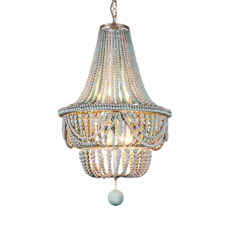Pink/Blue Laser Cut Empire Chandelier Nordic Wood 8 Heads Pendant Lighting Fixture with Spherical Drop
