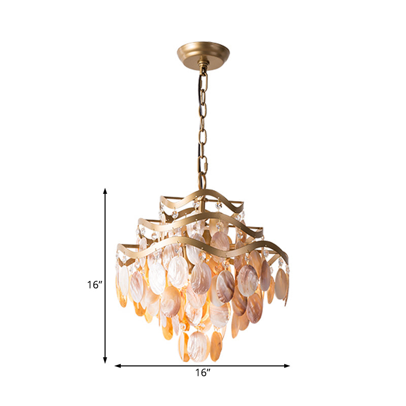 Modern Fountain Chandelier Lamp Shell 4 Heads Ceiling Pendant Light in Beige for Living Room