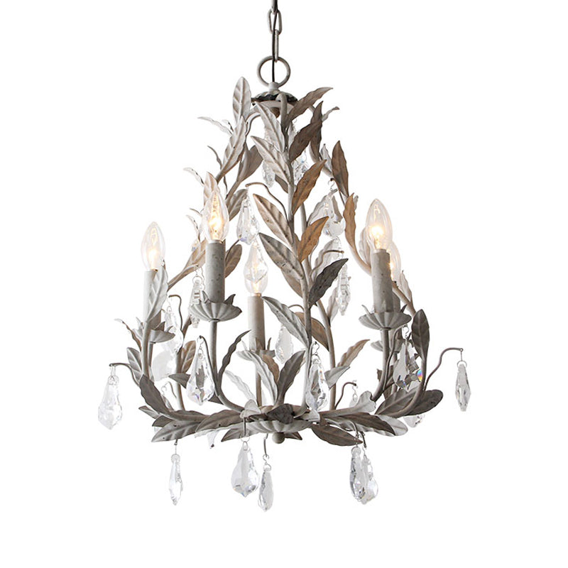 Branch Chandelier Lamp Nordic Metal 5 Heads Grey/White Pendant Lighting Fixture with Crystal Teardrop