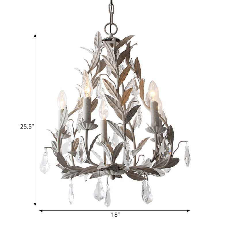 Branch Chandelier Lamp Nordic Metal 5 Heads Grey/White Pendant Lighting Fixture with Crystal Teardrop