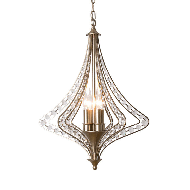4 Bulbs Tapered Ceiling Chandelier Rustic Crystal Suspended Lighting Fixture in Brass