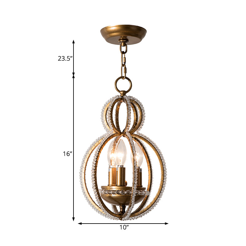 Gourd Metal Hanging Chandelier Retro 3 Heads Brass Ceiling Pendant Light with Crystal Bead