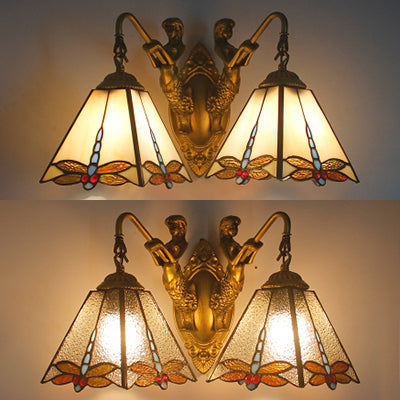 2 Heads Pyramid Sconce Lighting Tiffany White/Clear Glass Wall Mounted Light with Dragonfly Pattern