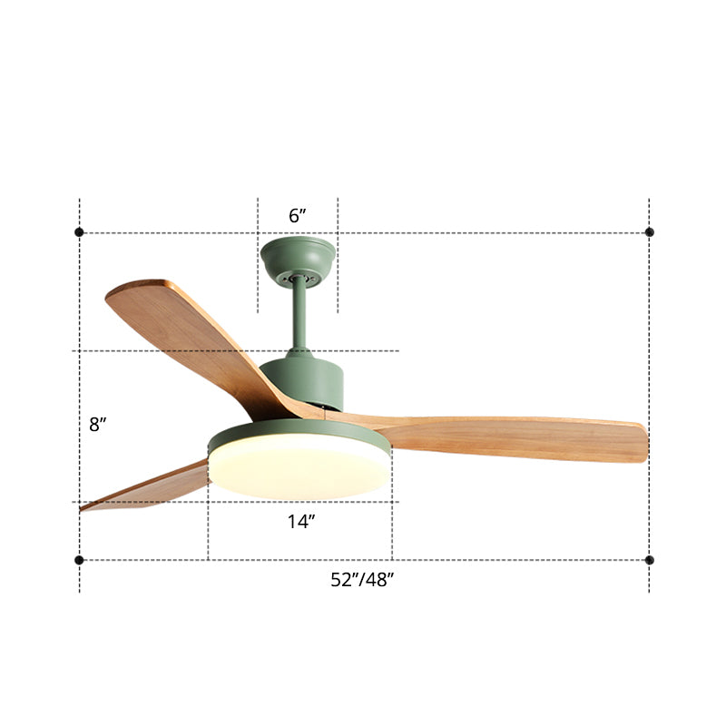 Acrylic Disc Shaped LED Pendant Fan Lighting Nordic Green Semi Flush Mount Lamp with 3 Wooden Blades